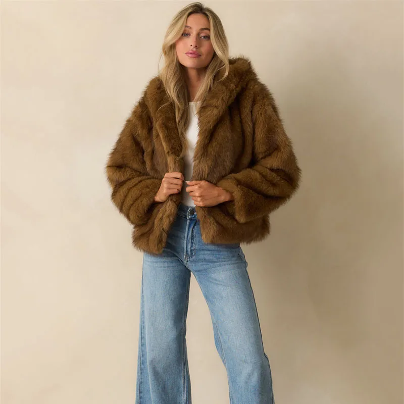

Brown Faux Fur Lined Hoodie Jacket European American Fashion Women's Outerwear Soft Plush Side Pockets Ribbed Inner Lining