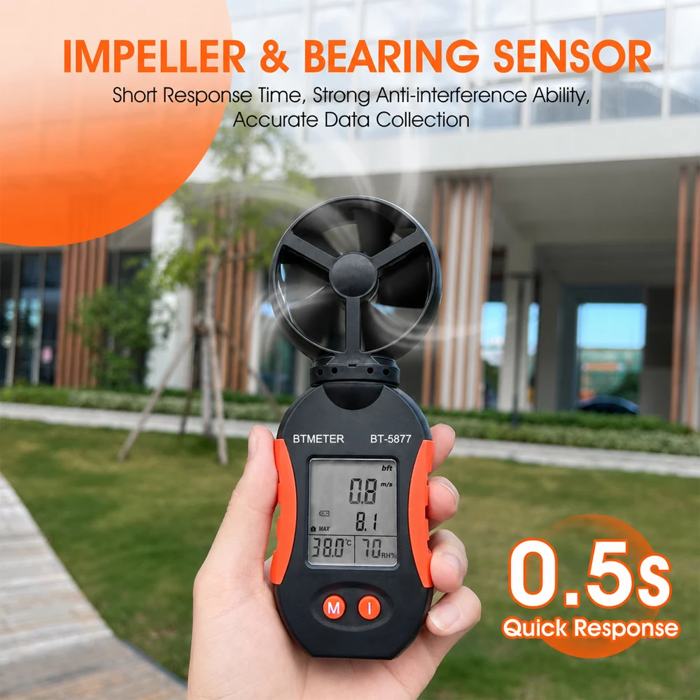 BTMETER Portable Digital Anemometer, BT-5877 Orange Wind Foliage, Speed Detection Range Mph 1~65, For Meteorological Monitoring