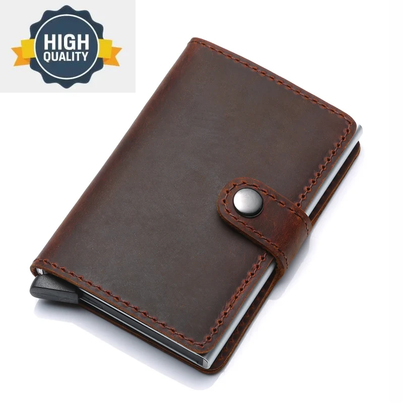 Horse Fashion Crazy Genuine Leather Card Holder Men Wallet Business Cover With Aluminum Alloy Case Black Coffce Browm