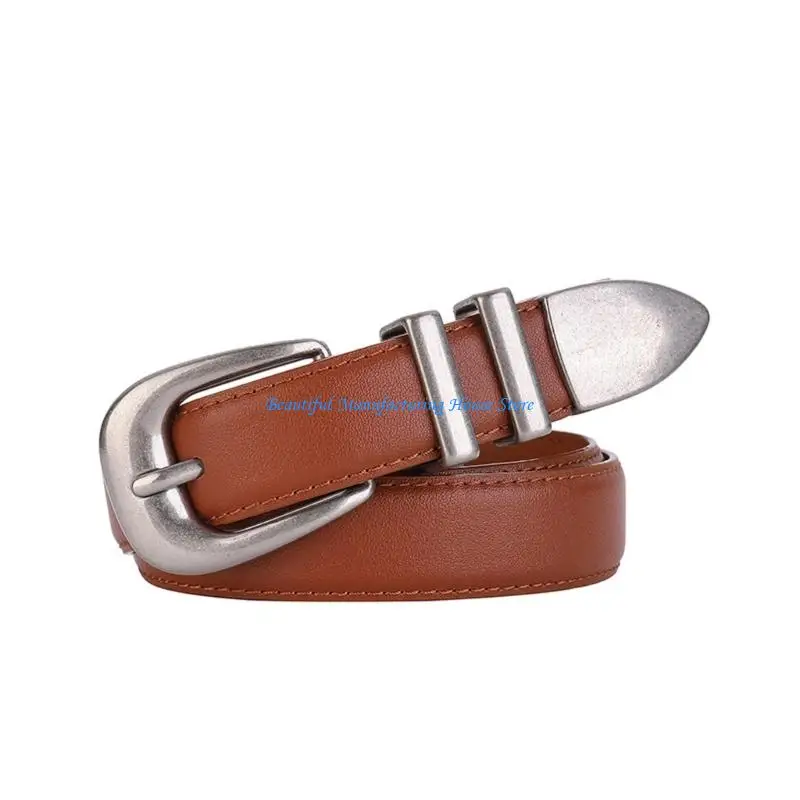 E56A Distressed Silver Buckles Leather Belt For Women Retro Western Accessory Essential