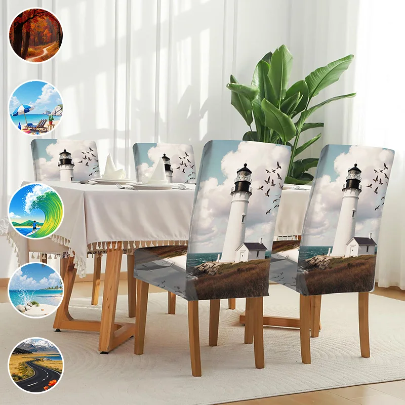 Elastic Printed Dining Chair Cover, Removable and Washable Scratch-Proof Dining Chair Cover, Refreshing Landscape Pattern