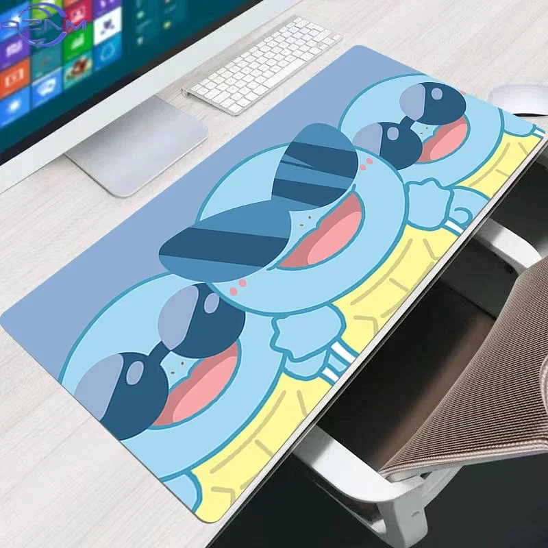 Cute Blue Turtle Creatures Large Gaming Mouse Pad, Cartoon Beach Scene Non-Slip Lock Edge Desk Mat