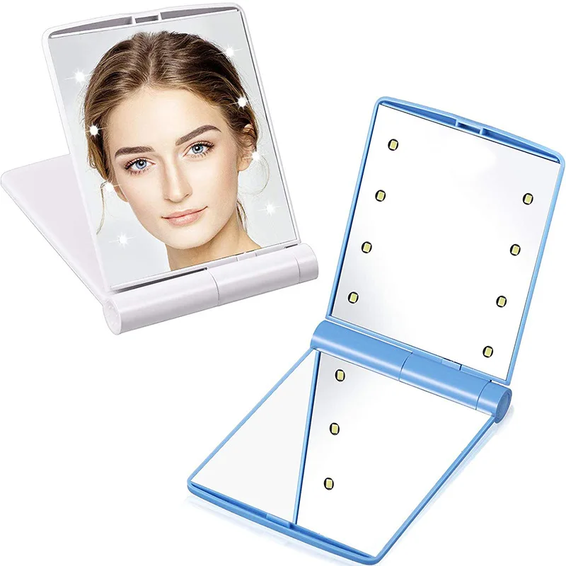 LED Lights Foldable Makeup Mirror, Vanity Mirror, Double-Sided Cosmetic Mirror, Hand Hold Pocket, Beauty Light