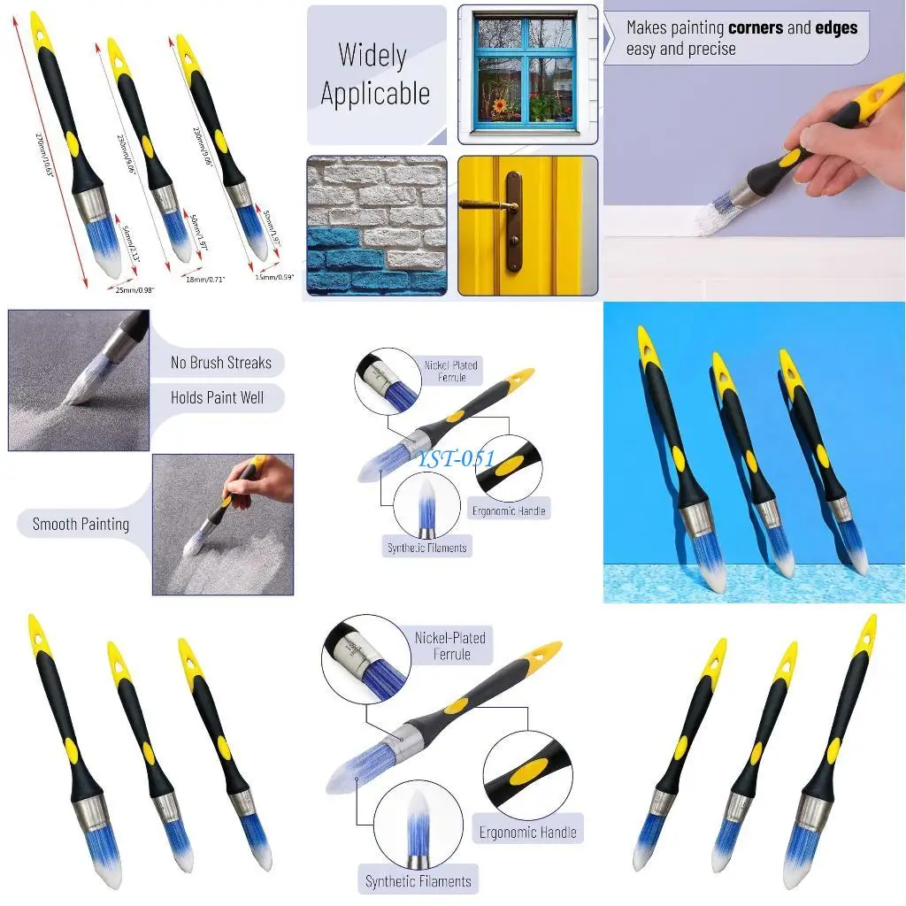 

E15A Pack of 3 Small Paint Brush Trim Brushes for Painting 5/8” 3/4” & 1” Paint Brush Simple Operation for Trim Paint Brushes