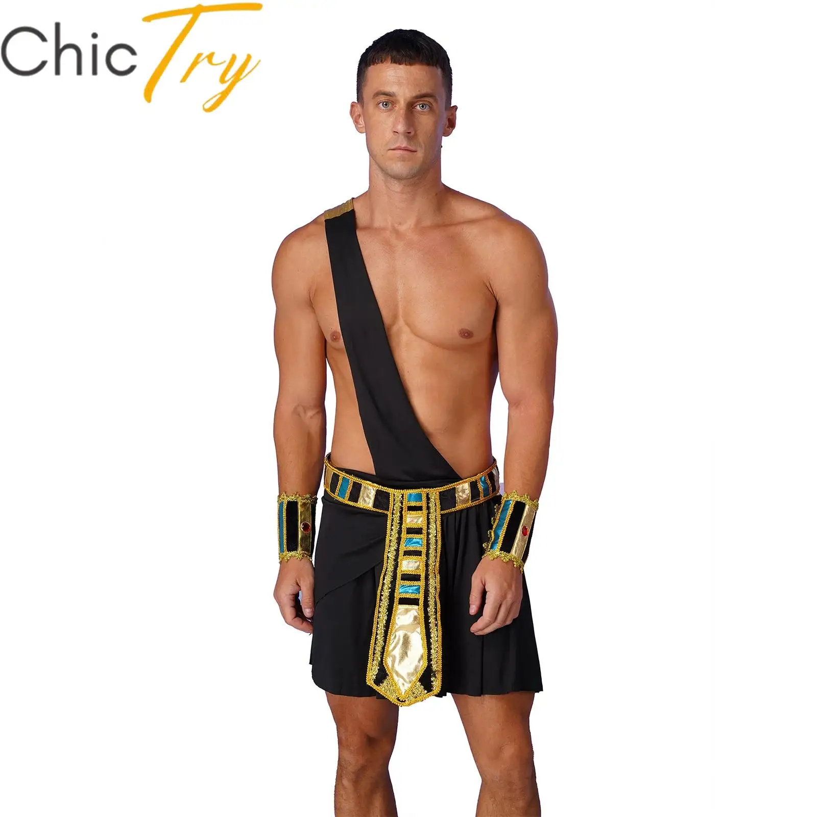 

Men's Greek God Costume Sexy Toga Roman Soldier Poseidon Roleplay Mini Skirt Dress Set for Halloween Carnival Party Dress Up