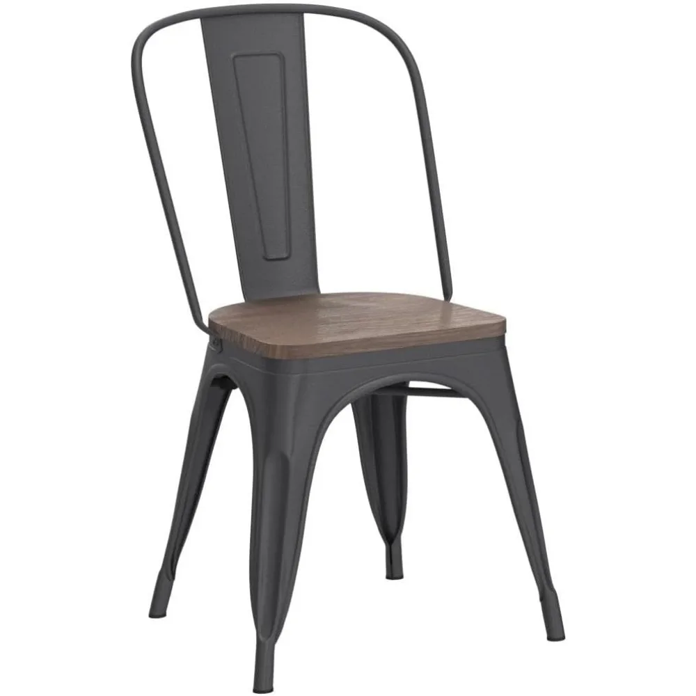 Metal Dining Chair Stackable Industrial Vintage Kitchen Chairs Indoor-Outdoor Bistro Cafe Side Chairs with Back and Wood