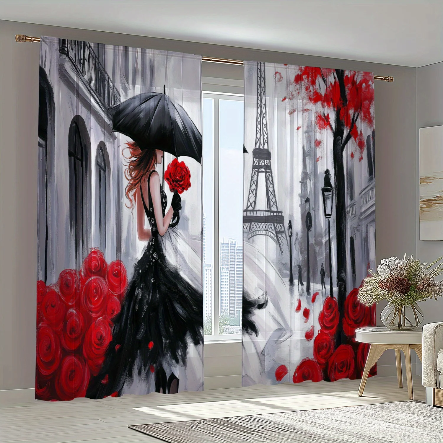 2pcs Paris Girl Curtains Red Rose Eiffel Tower Window Drapes Fashion Art Living Room Decor Romantic Oil Painting Style
