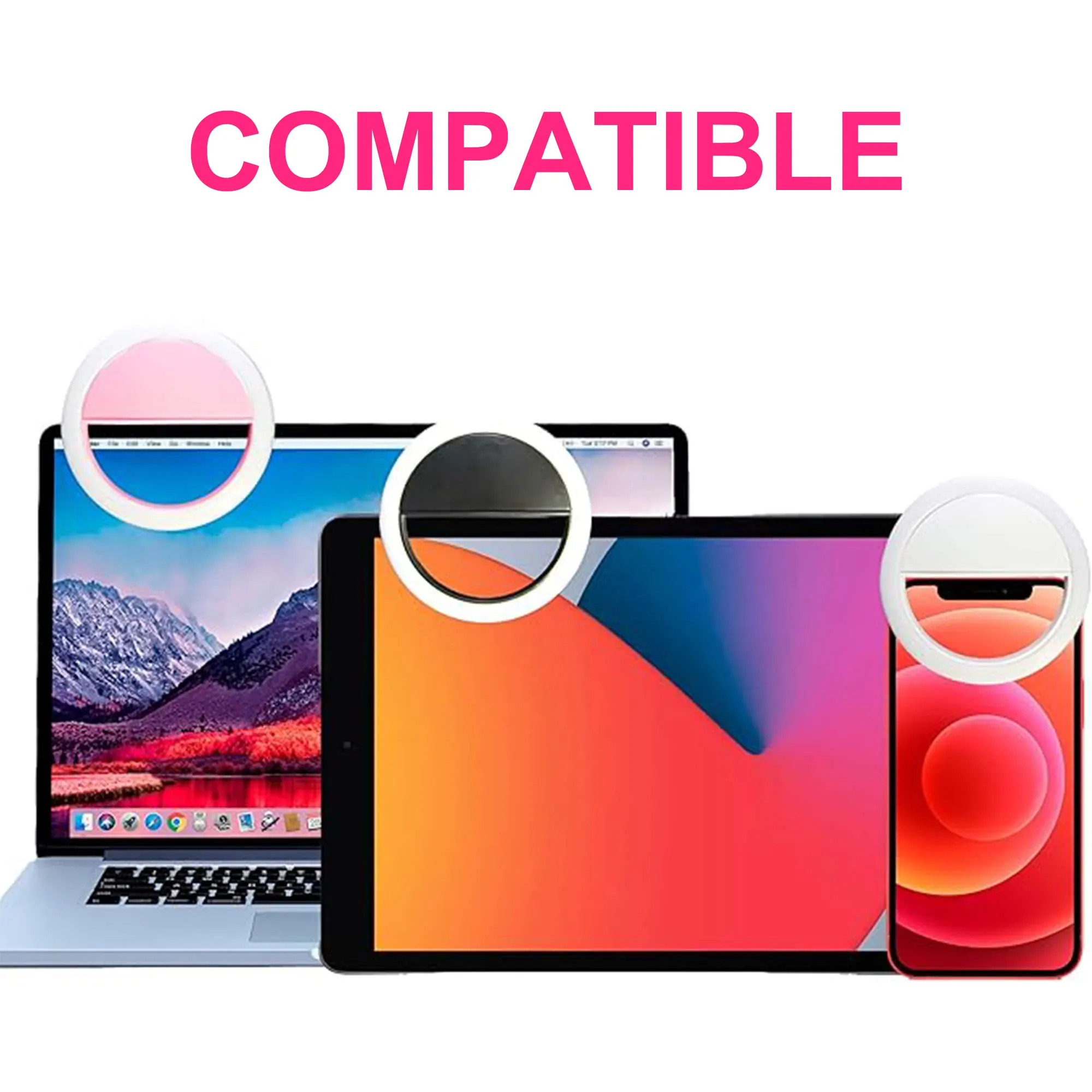 Generic Clip-On LED Selfie Ring Light. Universal and Portable with Adjustable Brightness，Rechargeable 3 Adjustable Light Levels