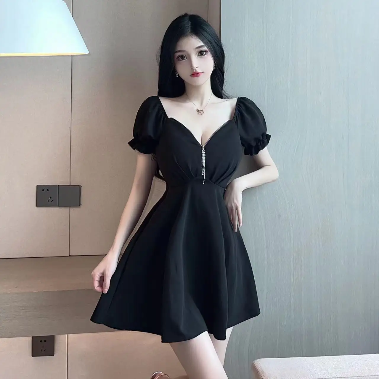 Sexy Low Cut V Ne High Waist a Line ort Dr Evening Club Women's Work orm Dr Korean Sle Commute Bubble Sve
