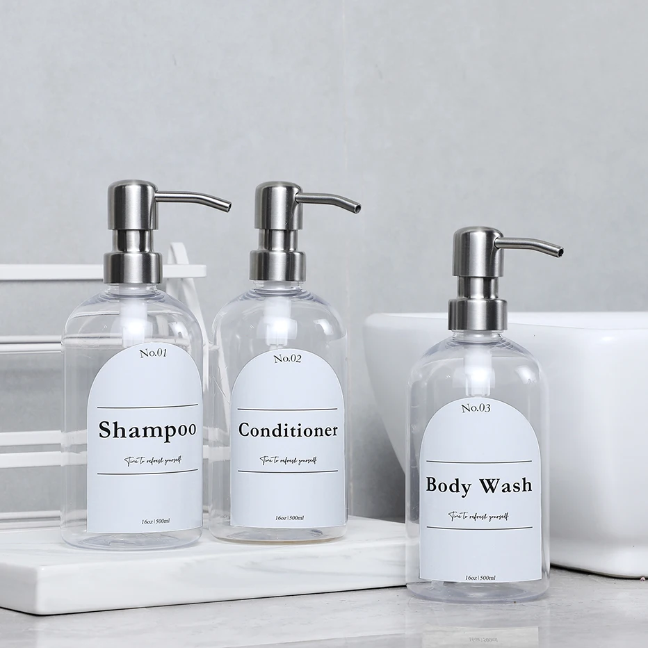 Clear Shampoo Conditioner Body Wash Dispenser Set with Heavy Duty Stainless Steel Pump Plastic Shower Soap Dispenser Bottles