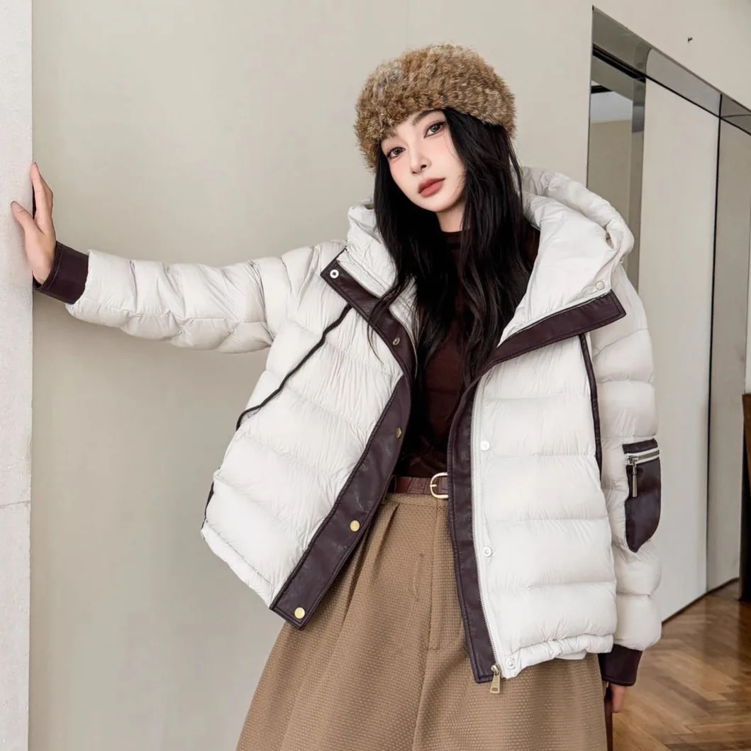 

Зимний теплый лоскутный пуховик с капюшоном, женский однотонный паркер на белом утином пуху, верхняя одежда, женские толстые свободные повседневные куртки на молнии