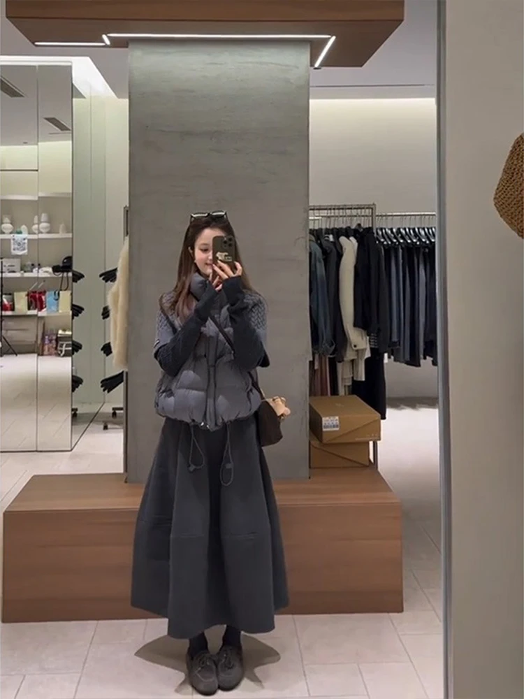 

Gray Base Layer Shirt Women's Fashion Set Korean Style Stand Collar Cotton Vest A-Line Skirt Three-Piece Suit for Autumn