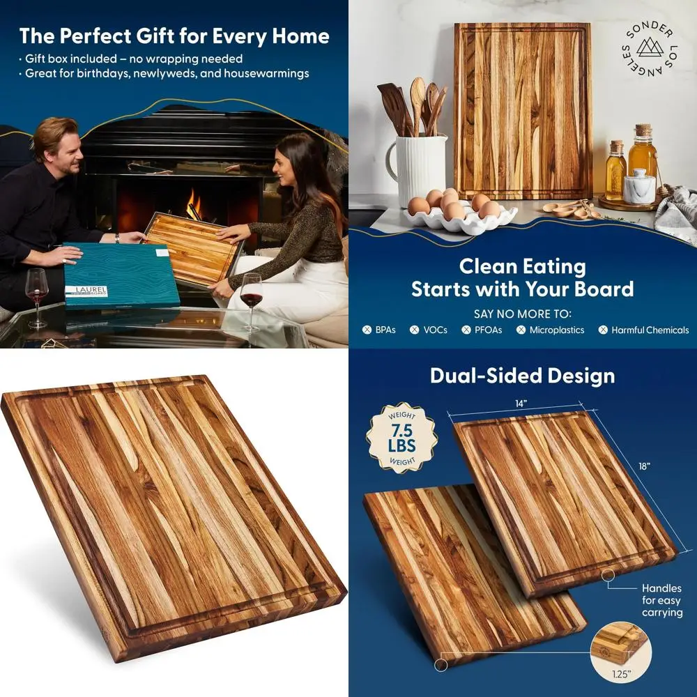 

Reversible Teak Charcuterie Board with Juice Groove, 18x14x1.25 inches, Gift Boxed