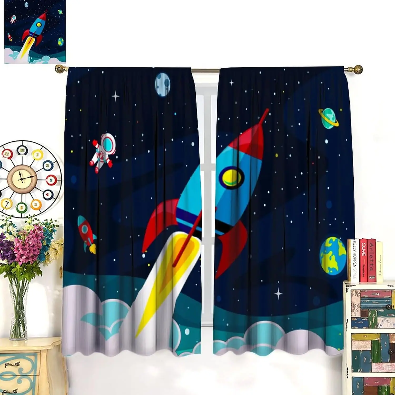 ستائر صاروخ رائد الفضاء للحضانة، كارتون مضحك جالاكسي الفضاء الخارجي الكون علاجات نافذة الأرض للأطفال الأولاد والرضع