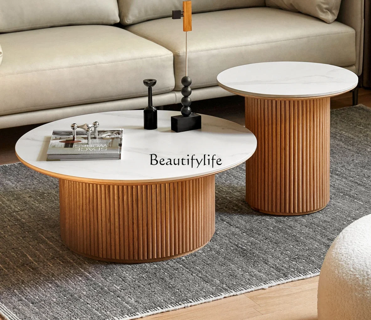 

All solid wood coffee table, living room home combination round table, modern simple rock slab tea table