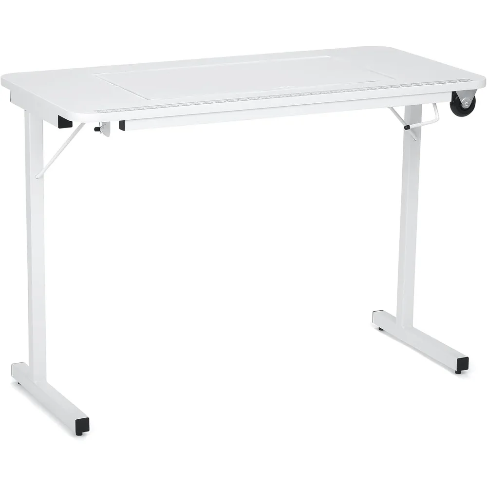 Folding Sewing, Cutting, Quilting, and Craft Table, Portable with Wheels and Lift, White Finish