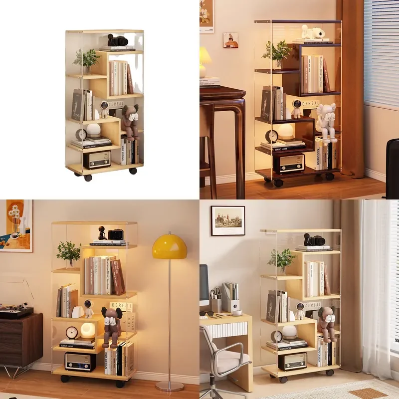 360 Rotating Bookshelf Solid Wood Acrylic Multi Layer Floor Standing Storage Rack for Students Home Office