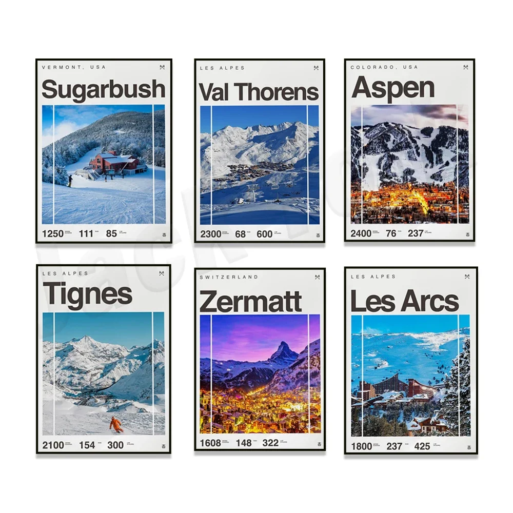 

Zermatt Switzerland, Aspen Colorado, Les Arcs, Val Thorens, Sugarbush skiing, Colorado, France, snowboarding, ski resort poster