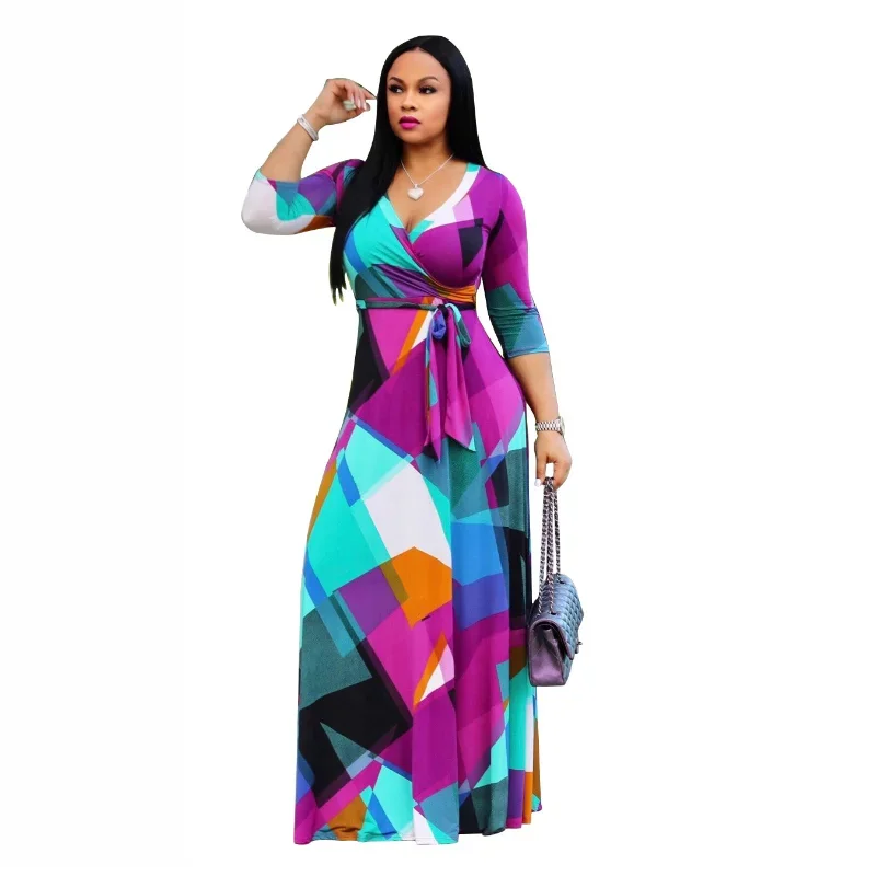 

African Women's Fashion Sexy V-Neck Middle Sleeve Square Contrast Lace Print Floor Sweeping Large Women's Long Dress 2023 New