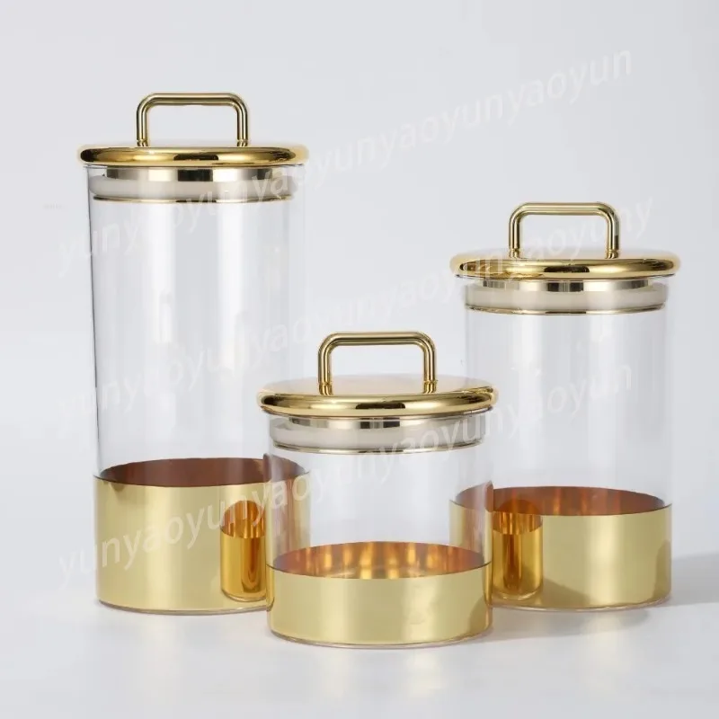 Grains Moisture-proof Storage Box Transparent Glass Snacks Dry Goods Storage Jar Gold Cover Kitchen Household Sealed Jar P9G5H4