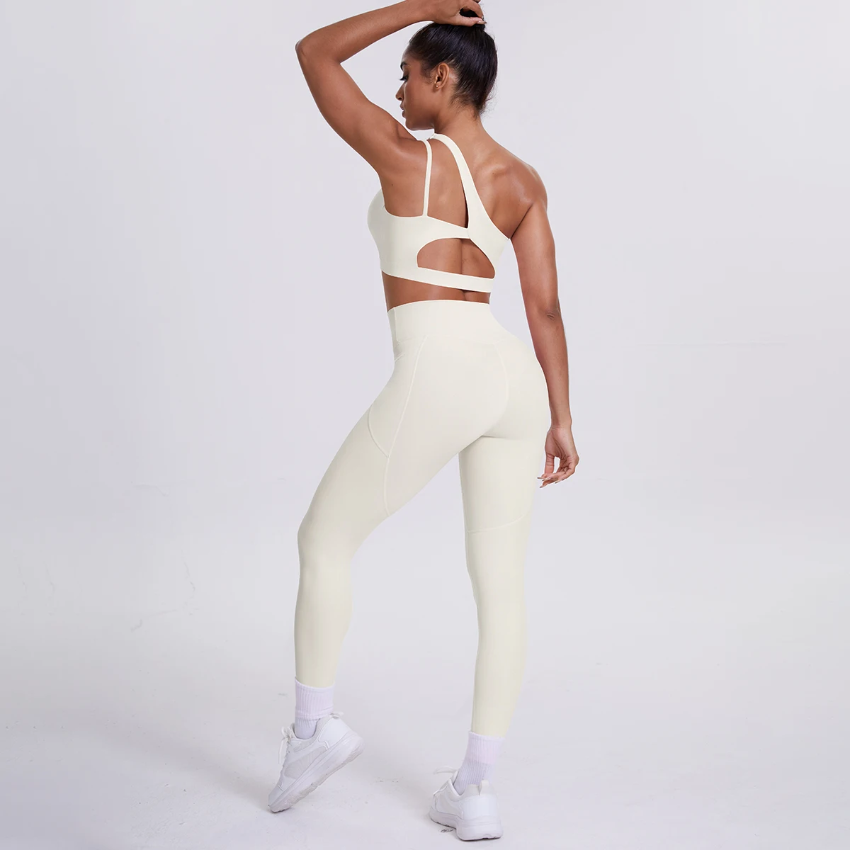2-teiliges einfarbiges Sport-Yoga-Set für Damen, sexy, schräger Schulter-BH, Fitness-Top, Laufen, Radfahren, Taschen, Hosen, Fitnessstudio, Yoga-Set – Detail 21