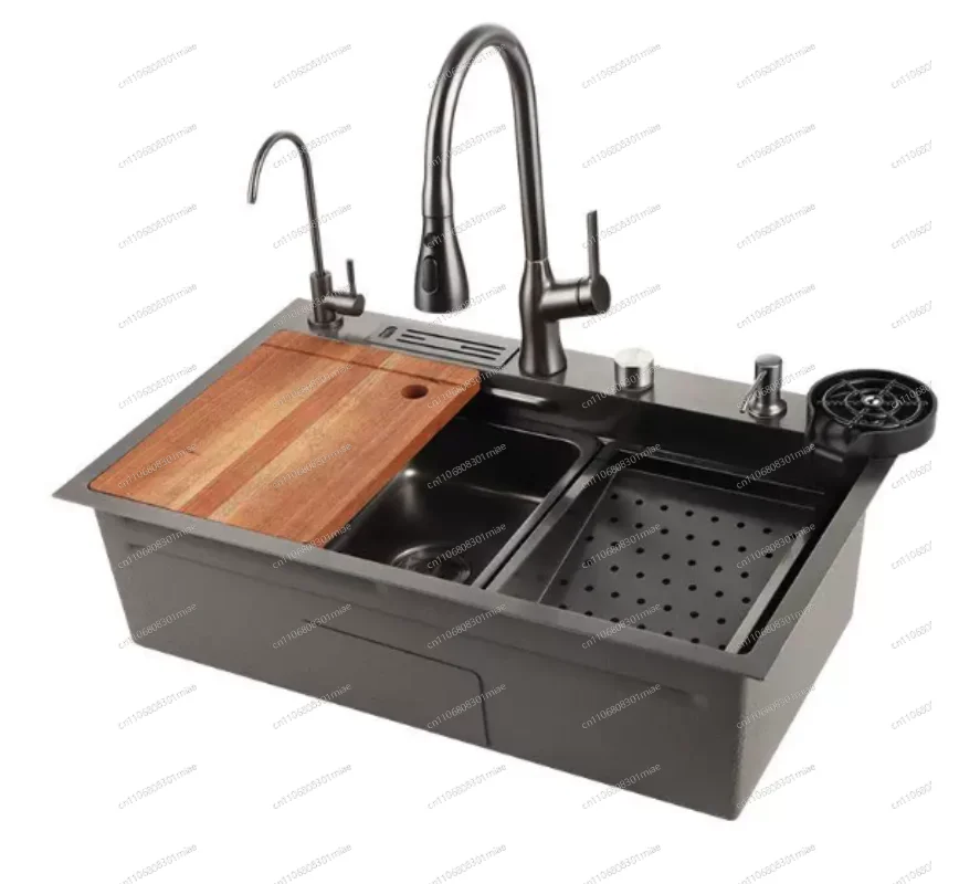 Gun gray pulling faucet knife holder nano double step large single slot 304 stainless steel kitchen vegetable basin