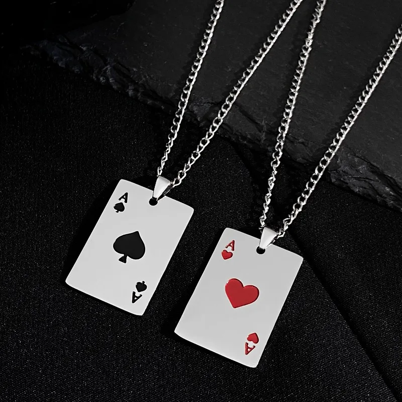 WANZHI New Stainless Steel Ace of Spades Poker Pendant Necklace for Women Men Hip Hop Collarbone Chain Couple Trendy Accessories