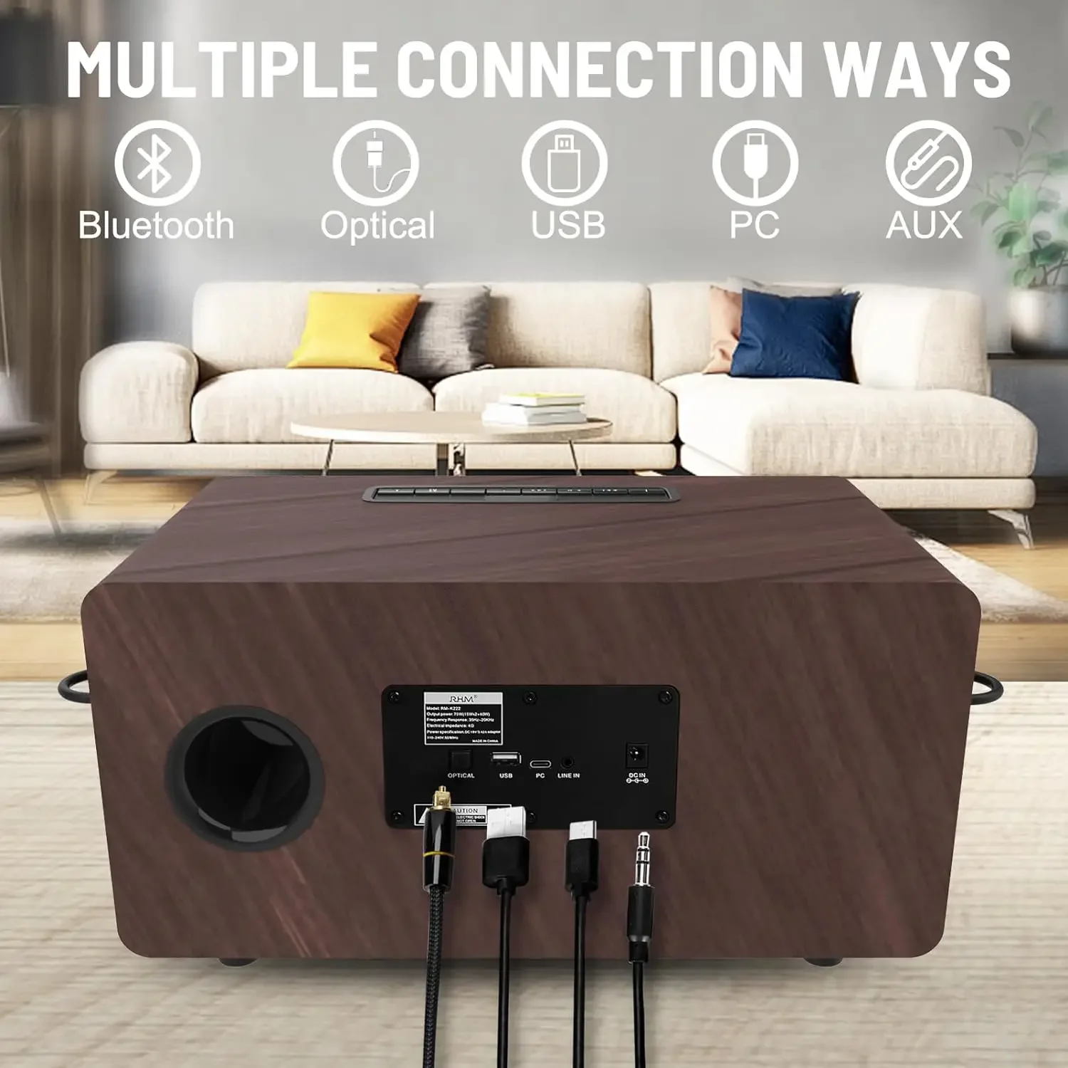 Macchina per karaoke RHM K222 con 2 microfoni wireless UHF e 5 modalità audio, supporto ottico/Bluetooth/AUX/USB/PC