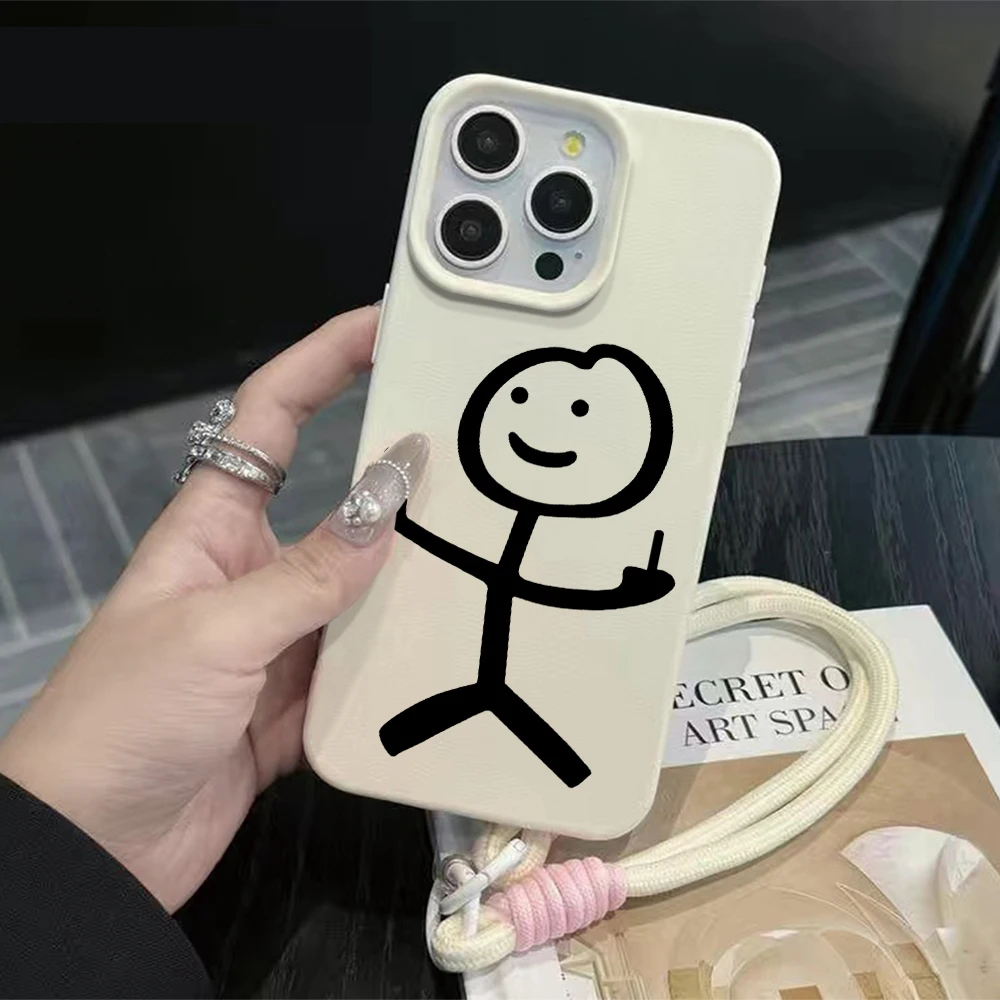Middle Finger Stickman Strap Rope Phone Case For iPhone 17 16 15 14 Pro Max 16 15 14 Plus 17 16 Pro 17Air X Silicone Matte Cover