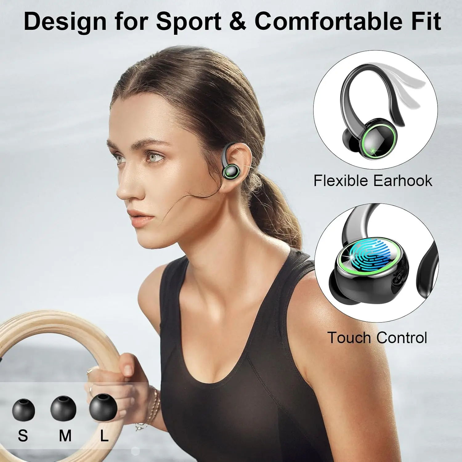 Écouteurs sans fil Bluetooth 5.3 TWS avec micro, contrôle tactile, affichage de l'alimentation LED, son stéréo HiFi, écouteurs de sport, 50 heures de musique