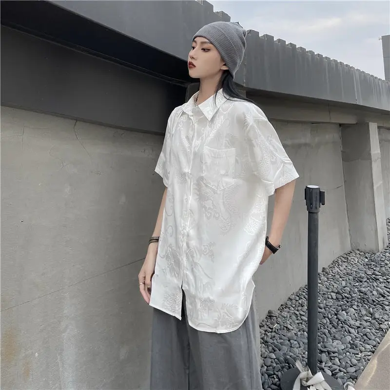 QWEEK Vintage Harajuku Punk Blouse Women Dragon Print Shirt Chinese Style Short Sleeve Button Up Tops Black Oversized Clothes