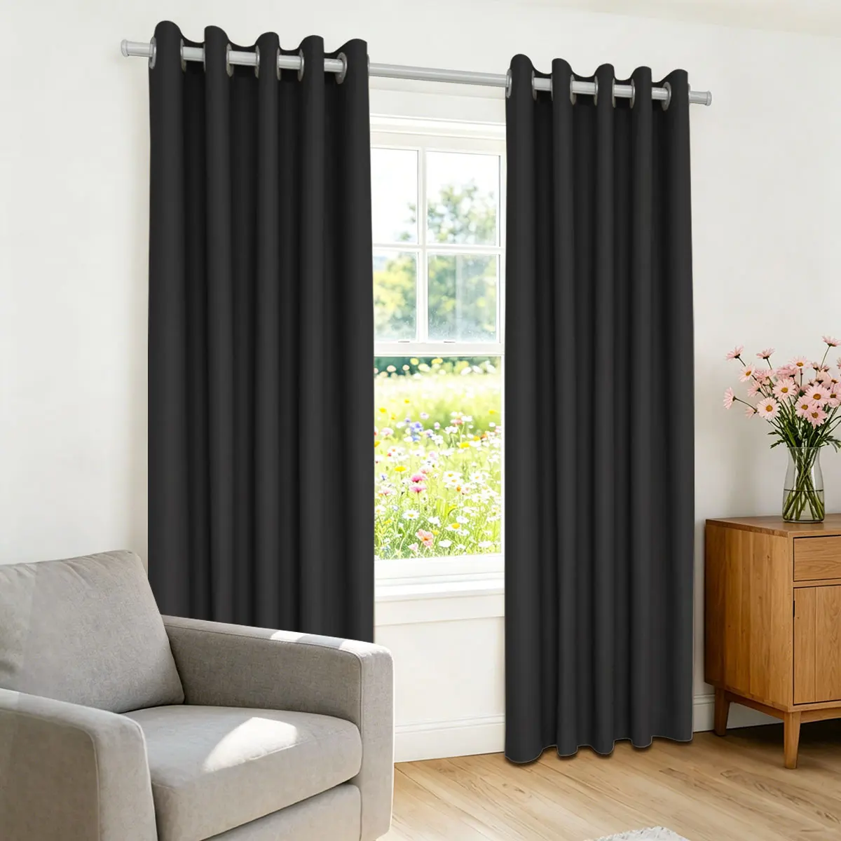 Black High‑Density Blackout Curtains, Grommet Top Light Blocking Window Drapes for Bedroom Living Room, 2 Panels