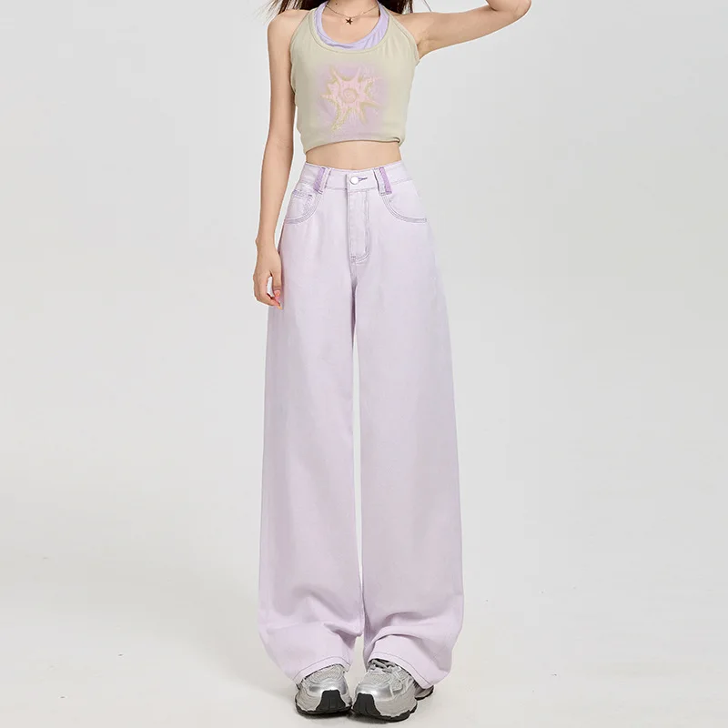 

Casual Design Sense Purple Embroidered Straight-leg Jeans.Women's New Four Seasons Fashion Loose High-waisted Floor-length Jeans