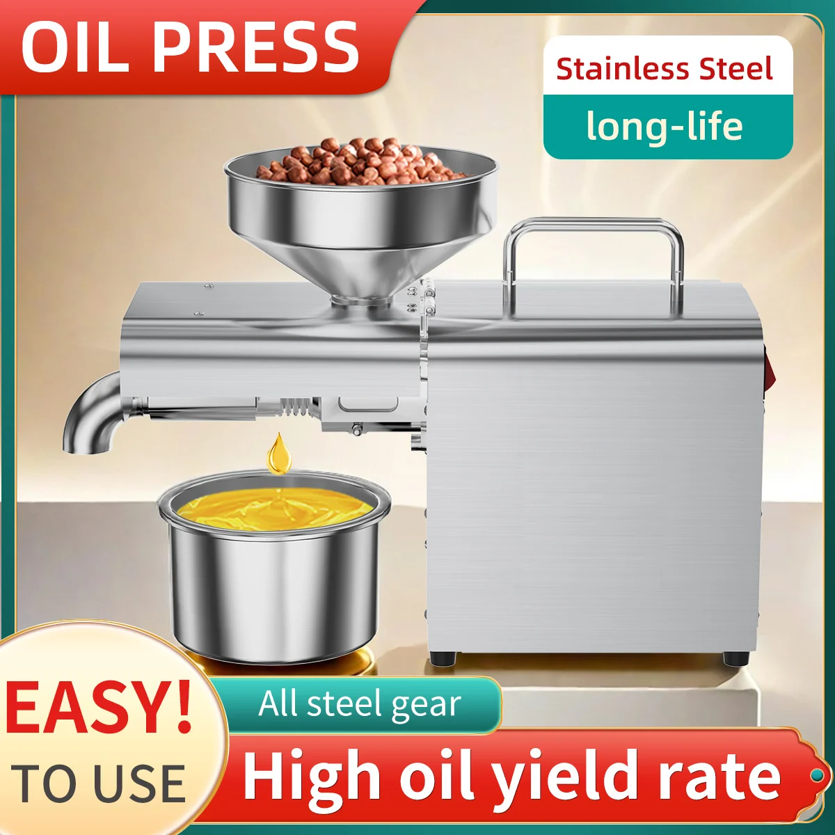 

Electric Oil Press Machine,Cold/Hot Press for Home Use Automatic Oil Extractor for Peanut/Sesame/Sunflower Seeds,Stainless