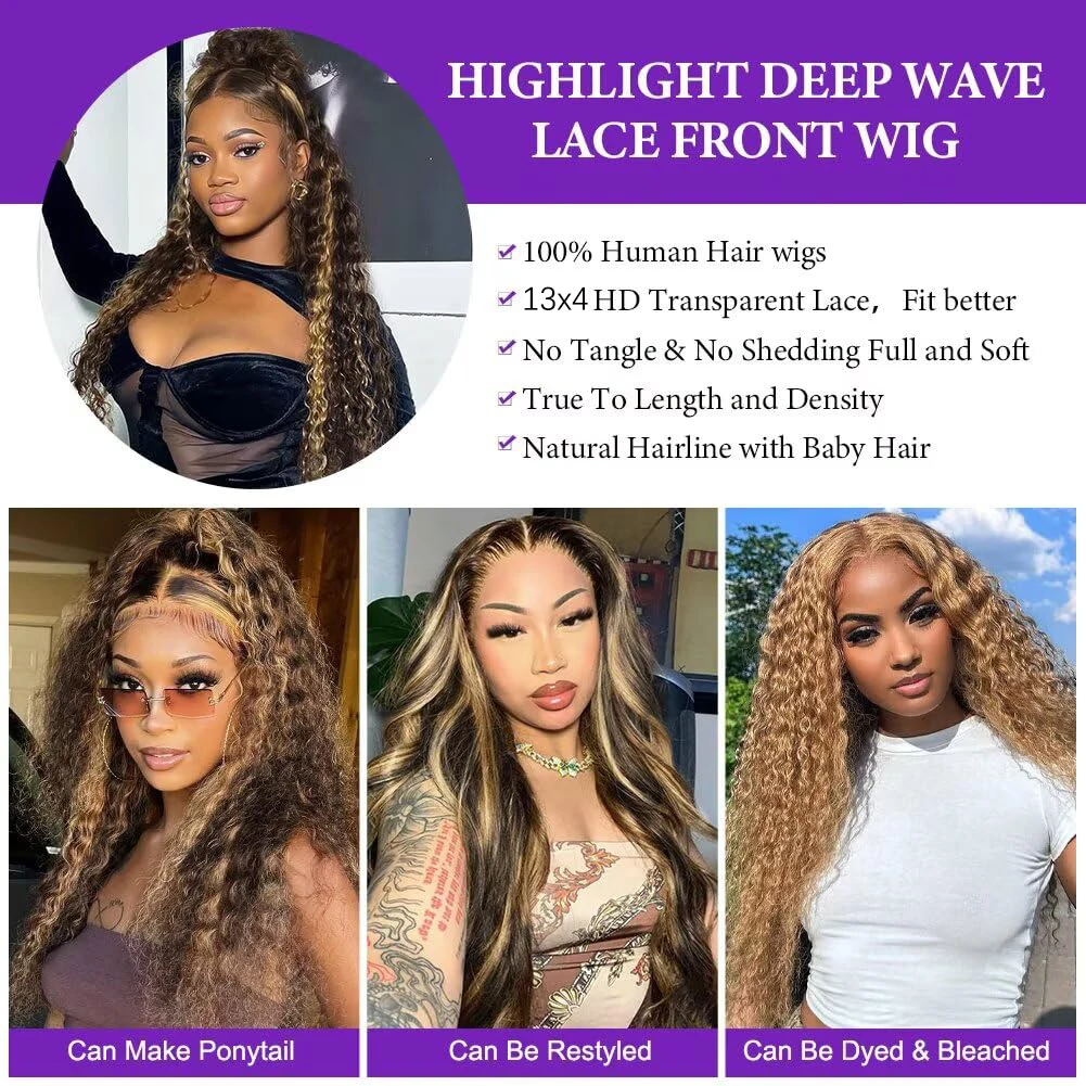 4/27 Highlight 13x4/ 5x5 HD Transparent Lace Wig Brazilian Deep Wave Pre-Plucked 100% Human Hair Lace Frontal Wig