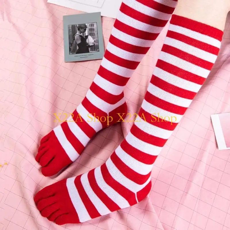 

Unique Women Girls Split Toe 5 Finger Calf Socks Rainbow Colorful Striped Clover Printed Breathable Cotton High Tube Hosiery