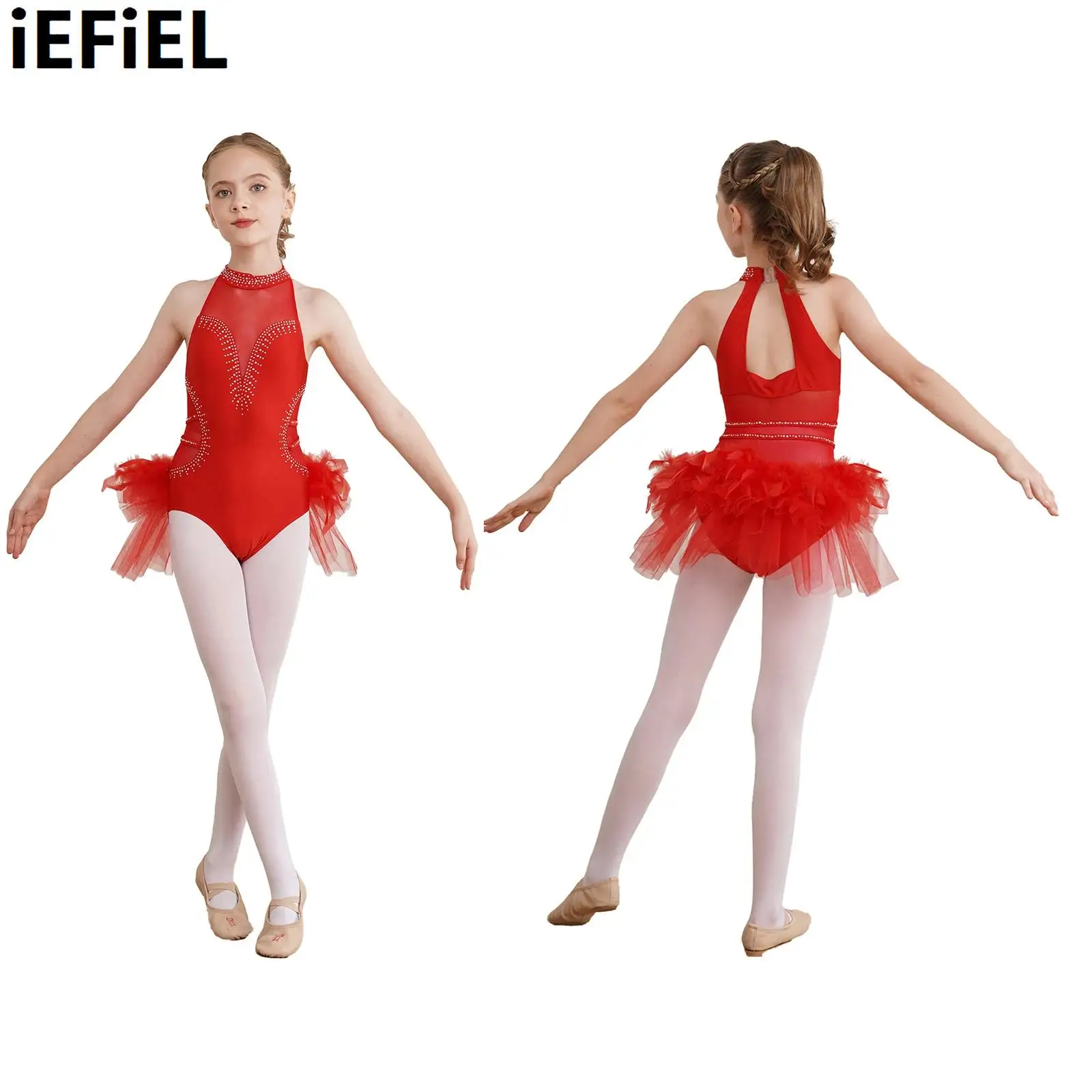 

Kids Girls Dance Leotard Rhinestone Sheer Mesh Patchwork Mock Neck Sleeveless Feather Costume Tulle Skirted Bodysuit