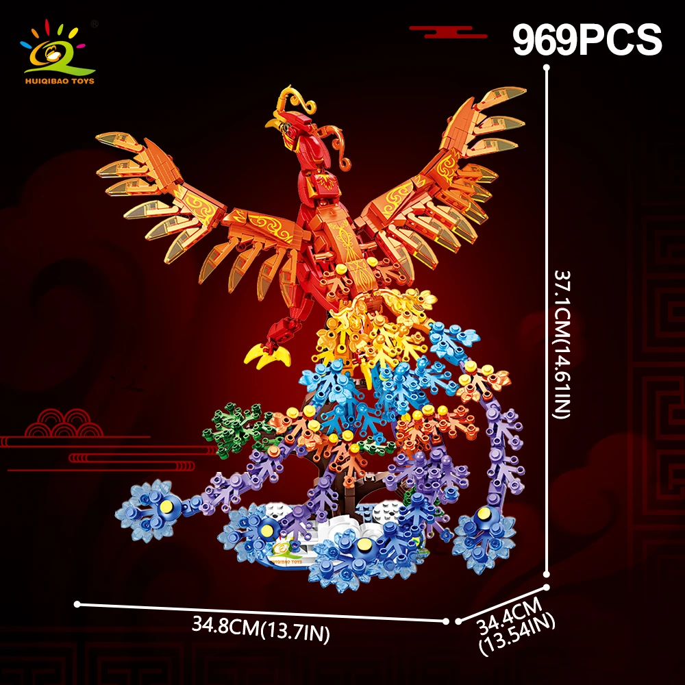 HUIQIBAO Chinese Dragon Phoenix Building Blocks Traditional Auspicious Myth Bricks Model with Display Base Assembly Puzzle Toys