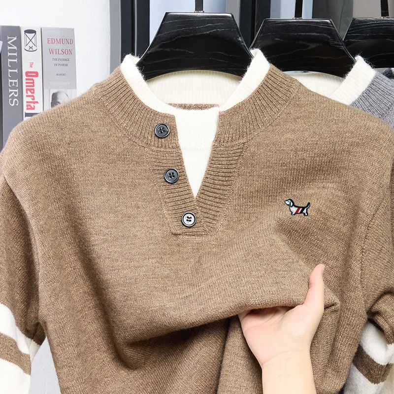 High Quality Men's Autumn Winter Fake Two-Piece Knitted Shirt Round-Neck Dog Embroidery Striped Design Korean Version Men's Wear