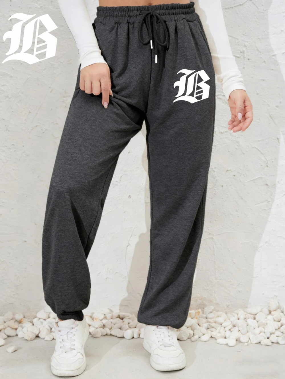 الرجعية رسالة B الطباعة Sweatpants المرأة الشتاء بنطال رياضي جيب مرونة الخصر الصوف السراويل الدافئة ملابس رياضية نسائية غير رسمية #1