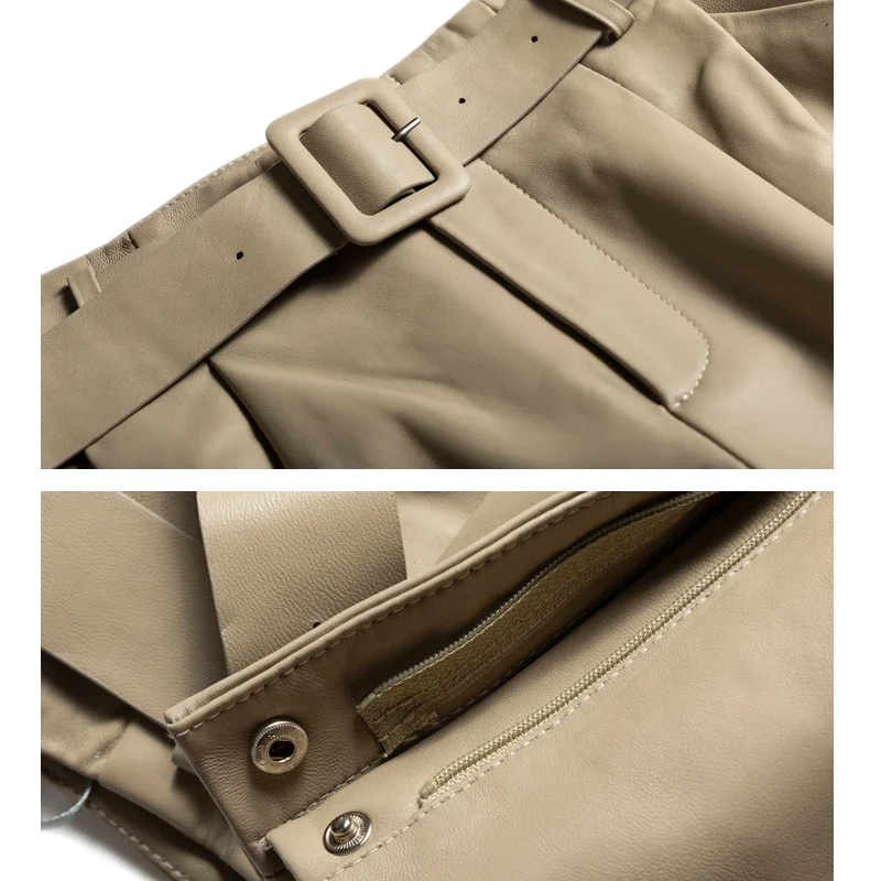 봄 100% 양가죽 버뮤다 반바지 여성용 스트레이트 웨이스트 리얼 가죽 캐주얼 팬츠 벨트 포함 시크 여성 의류