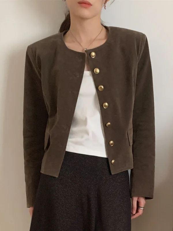 

Шикарный женский кожаный бархатный костюм в стиле ретро, круглое костюм Ne ort Long Sve на пуговицах, корейское свободное женское пальто