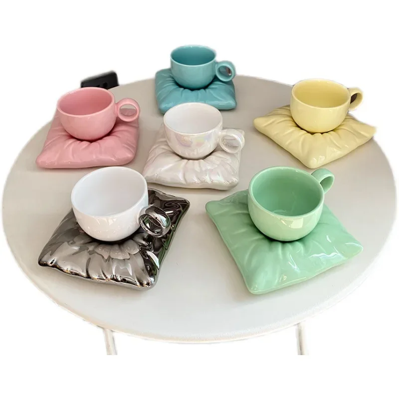 Ins Girl Heart Creative Solid Dazzle Color Milk Fat Pillow Shape Ceramic Coffee Cup Dish Set Makaron Afternoon Tea Cup Dish