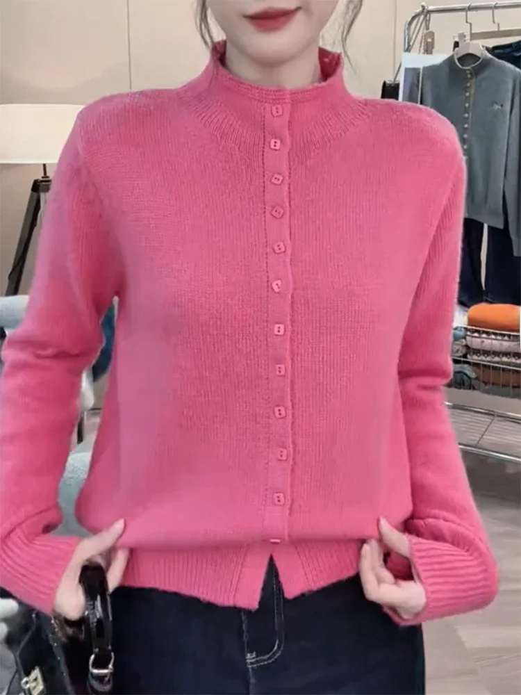 

Корейский элегантный высококачественный вязаный кардиган с высоким воротником, осенне-зимняя новинка, универсальный, больших размеров, для женщин.