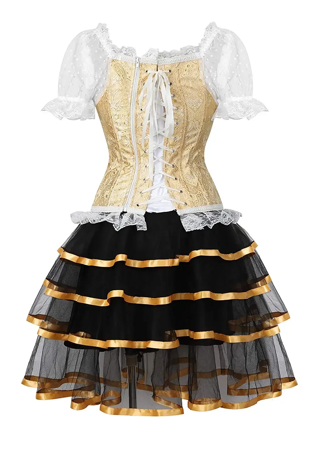 Yellow Corset Dress Bustier Skirt Tutu Sexy Burlesque with Sleeves Vintage Lace Erotic Plus Size Women Gold Korsett New