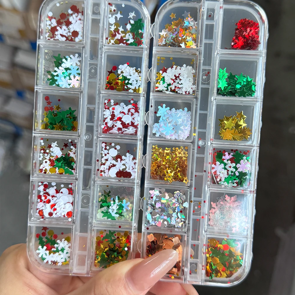 12 شبكة احتفالية عيد الميلاد مسمار بريق الترتر مختلط مسدس ستار ندفة الثلج شجرة عيد الميلاد دائرة هولو رقائق الأظافر عيد الميلاد شىء صغير براق #4