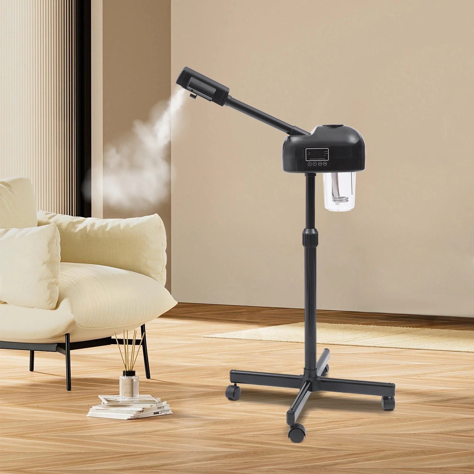 جهاز بخار الوجه الأسود بالأوزون الاحترافي مع شاشة LCD - آلة سبا بالرذاذ الساخن بقدرة 750 وات للتنظيف العميق، ارتفاع قابل للتعديل