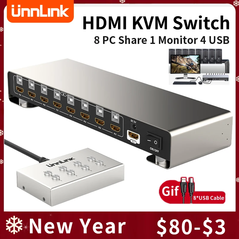 Unnlink 4K HDMI USB KVM Switch 8 Port 8 Devices Share 1 Monitor 4 USB with Controller for Mouse Keyboard Printer Disk Extender