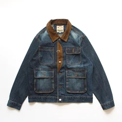 Color contrast stitching American vintage heavy jacket men multi-bag autumn May khaki cargo denim casual coat men
