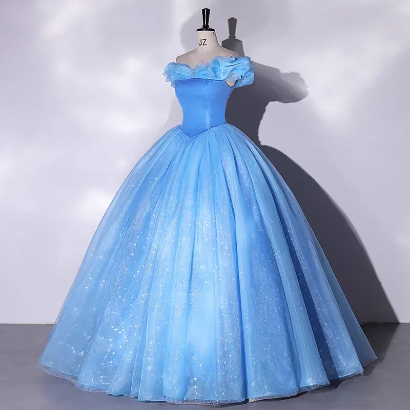

Cinderella Princess Dress Wedding Blue Halloween Costumes for Women Cosplay Bubble Sleeve Puffy Dress